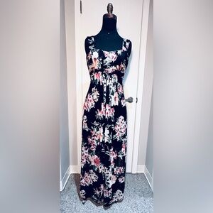 Connected Apparel Black and Pink Stretch Lace Overlay Floral Maxi Dress Size 8